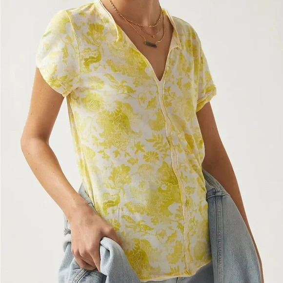 Anthropologie Pilcro Spliced-Neck Tee New Yellow White Floral Size XS ANTHRO NWT - Picture 3 of 10